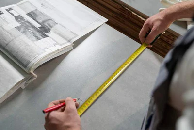 Person measuring a wooden panel with a tape measure on a table next to an open book.